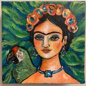 Frida-Inspired Floral Portrait Canvas in Green and Blue